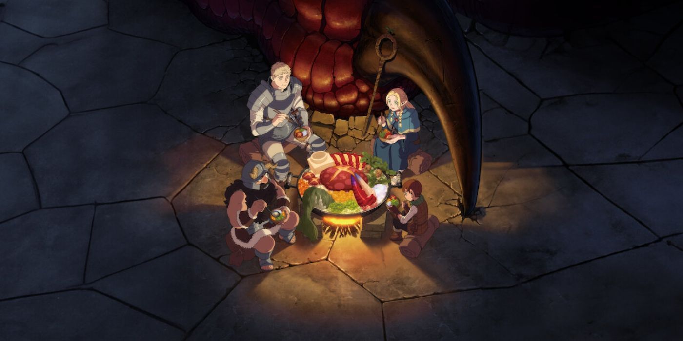 The characters of Delicious in Dungeon gather around a campfire near a large creature's foot.