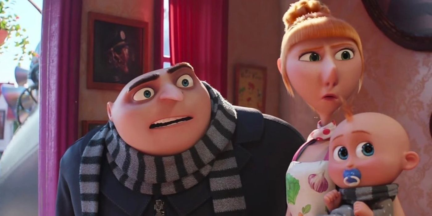 Gru and Lucy holding a baby in Despicable Me 4