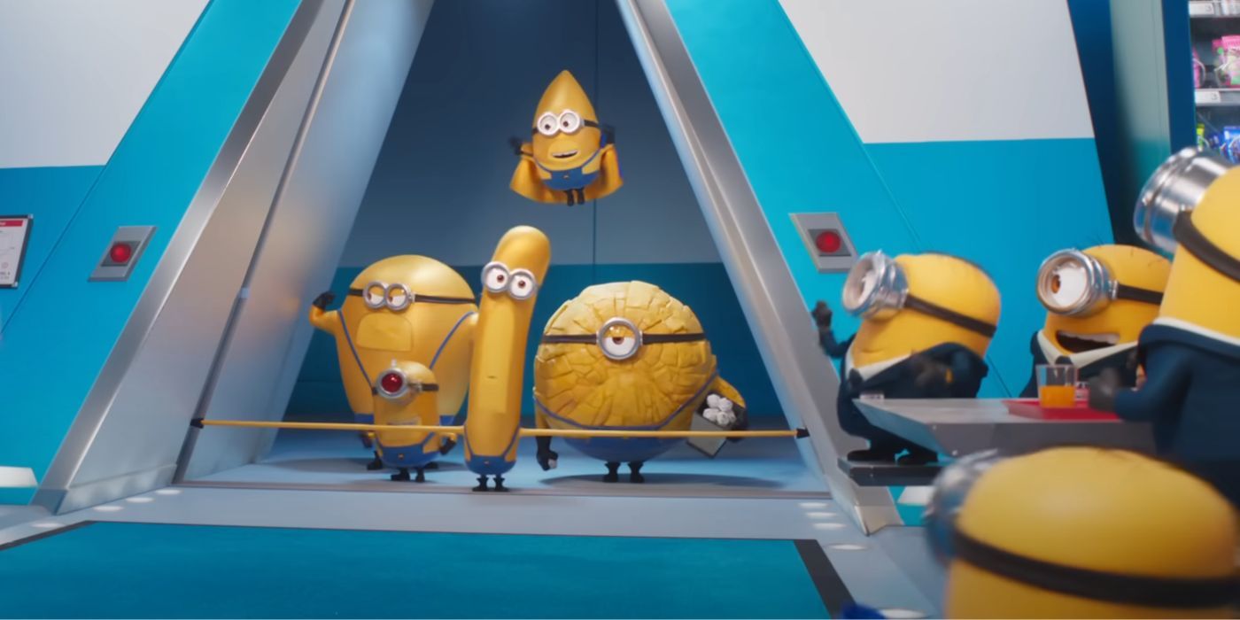 The Mega-Minions walking through a door into a cafeteria full of regular minions.