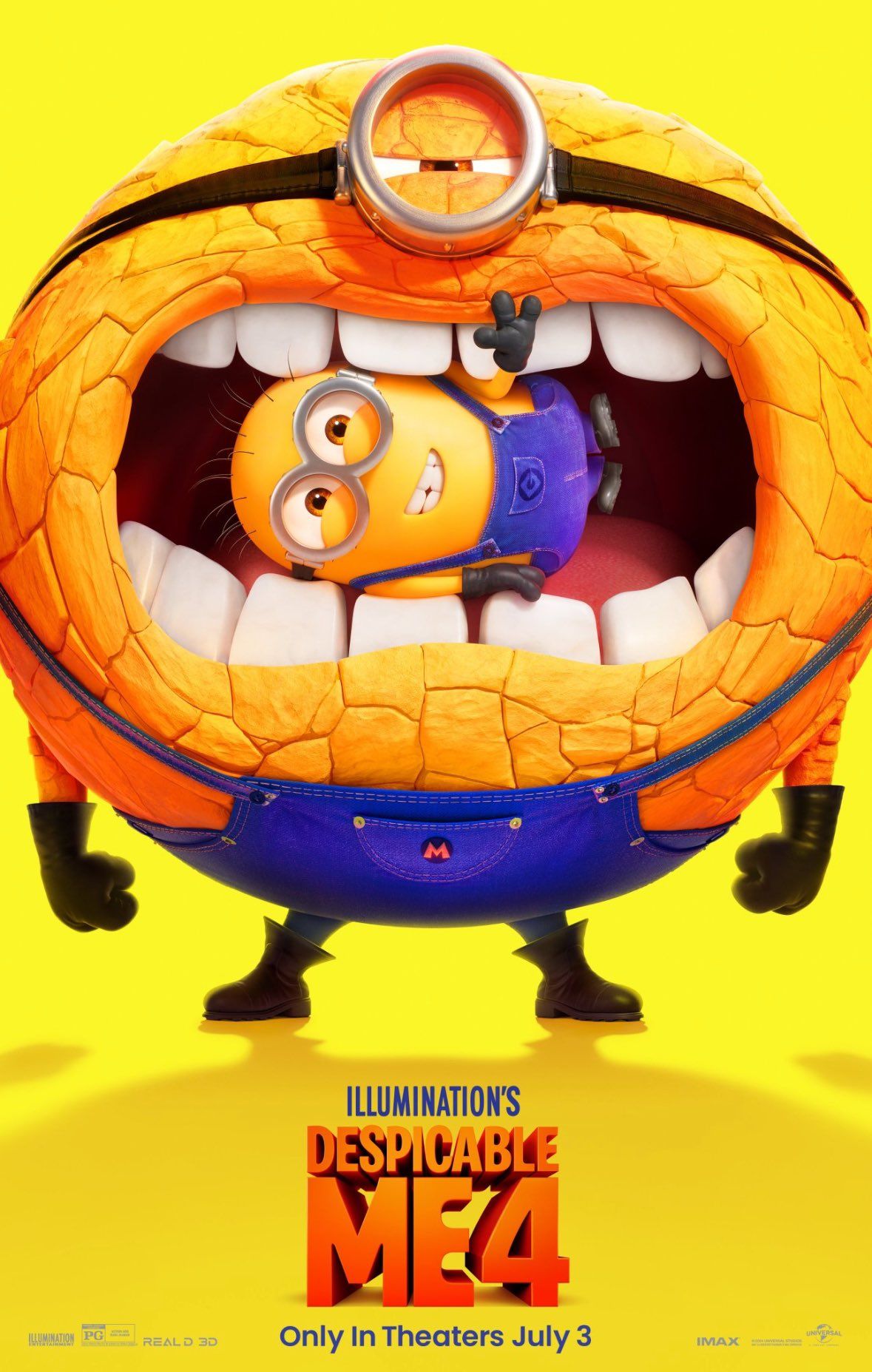 A new poster for Despicable Me 4 shows a larger, rock-like minion biting a smaller minion