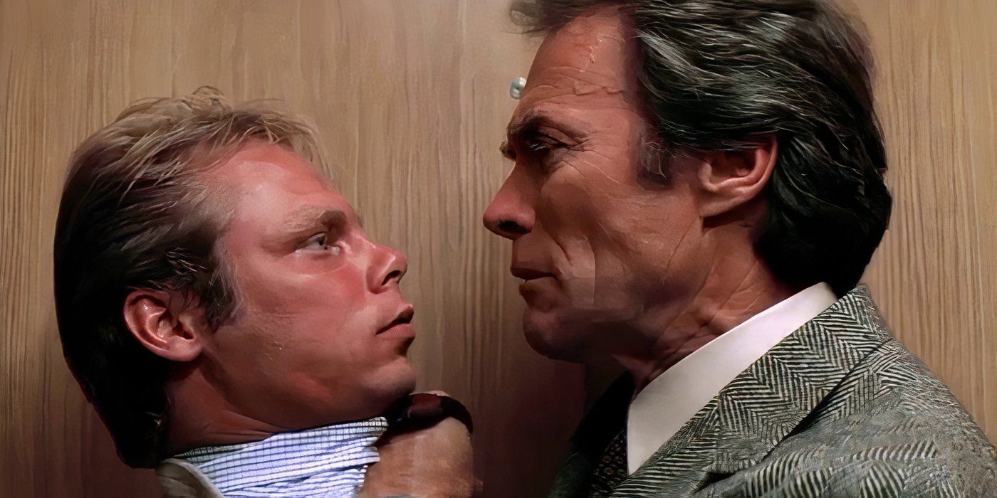 "Dirty Harry" Callahan (Clint Eastwood) holds a fellow elevator passenger by the collar in 'Sudden Impact'