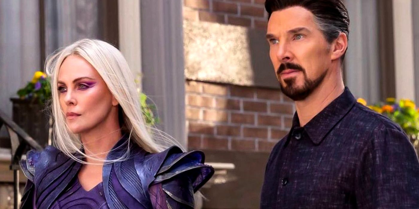 Charlize Theron as Clea and Benedict Cumberbatch as Doctor Strange in Doctor Strange in the Multiverse of Madness