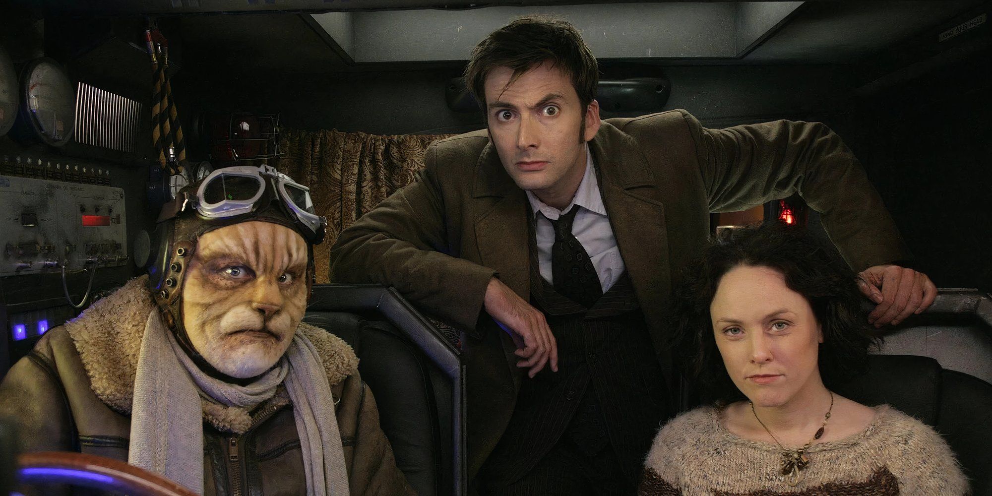 The Tenth Doctor, Thomas, and Valerie inside a spaceship in Doctor Who, Gridlock.