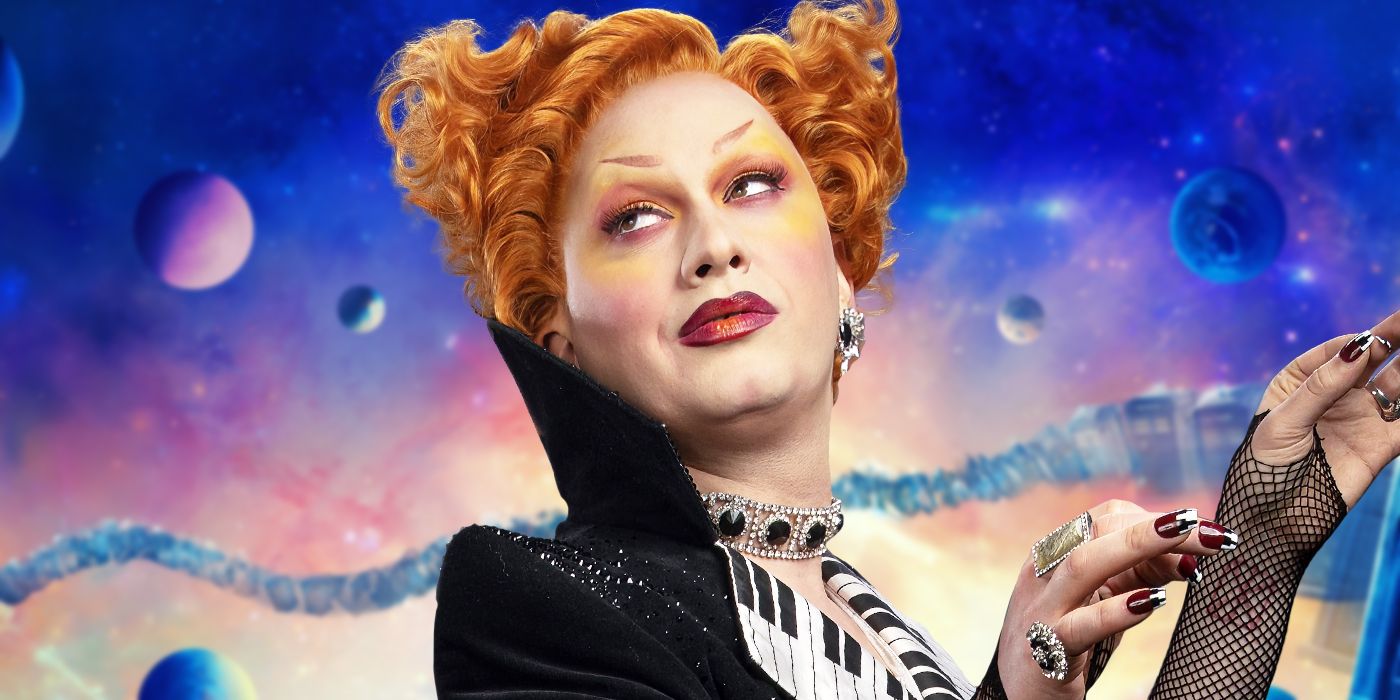 Jinkx Monsoon as Maestro over a galaxy background for Doctor Who