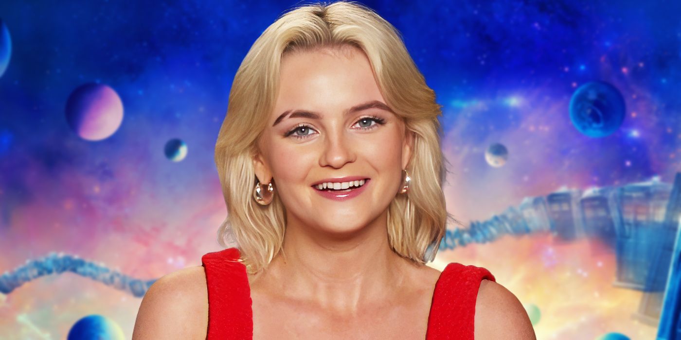 Millie Gibson in a red dress in front of a custom galaxy image for Doctor Who