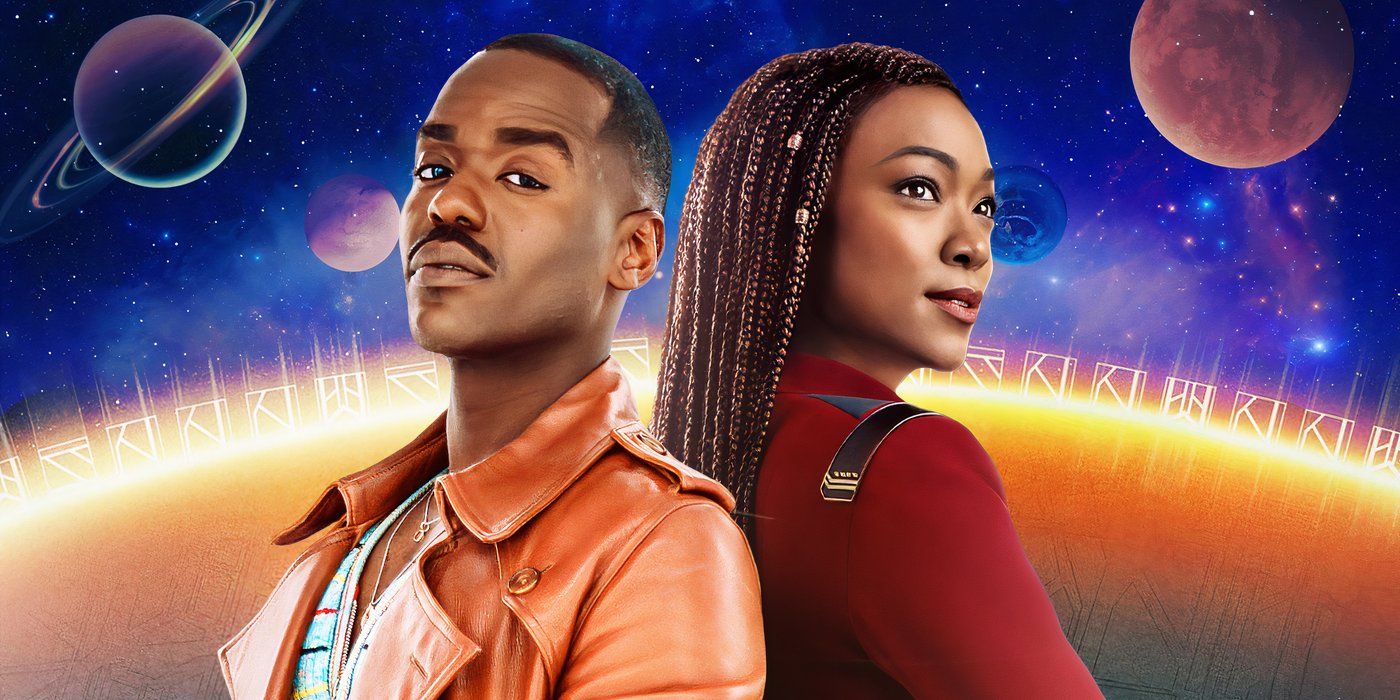 a custom image of Ncuti Gatwa in Doctor Who and Sonequa Martin Green in Star Trek over a galaxy background.