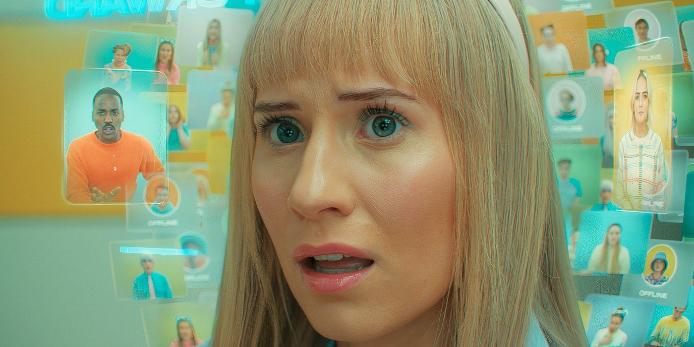 Callie Cooke as Lindy Pepper Bean looking worried with image screens around in Doctor Who &ldquo;Dot and Bubble&rdquo;.