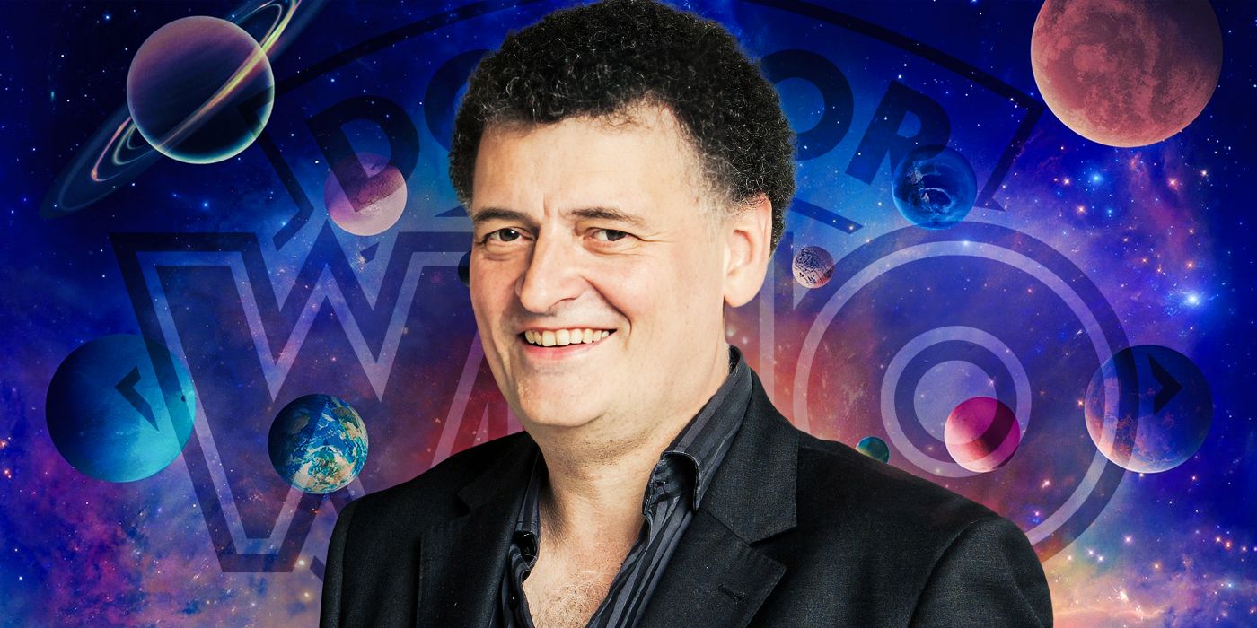 Steven Moffat over a galaxy filled with planets and the doctor who logo