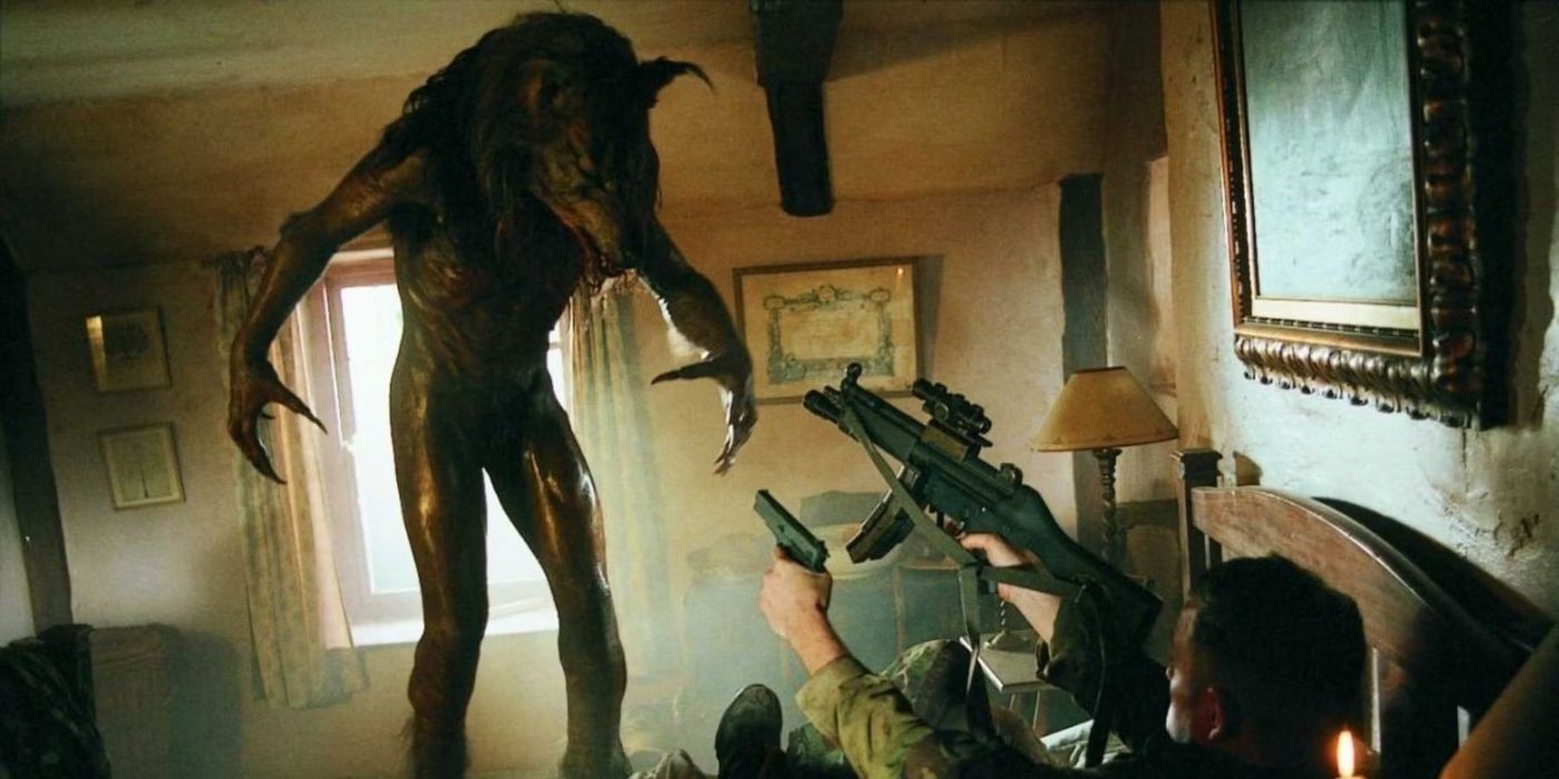 Several guns aiming at a large anthropomophic dog-like creature Dog Soldiers.