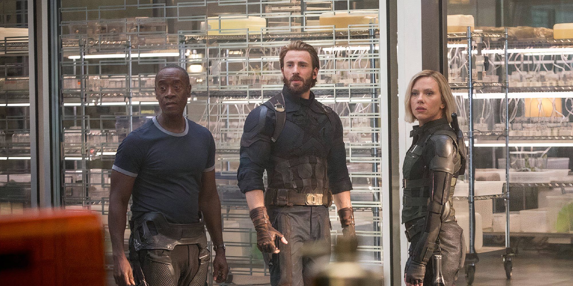 Don Cheadle as Rhodey, Chris Evans as Steve Rogers and Scarlett Johansson as Natasha Romanoff in Avengers Infinity War.