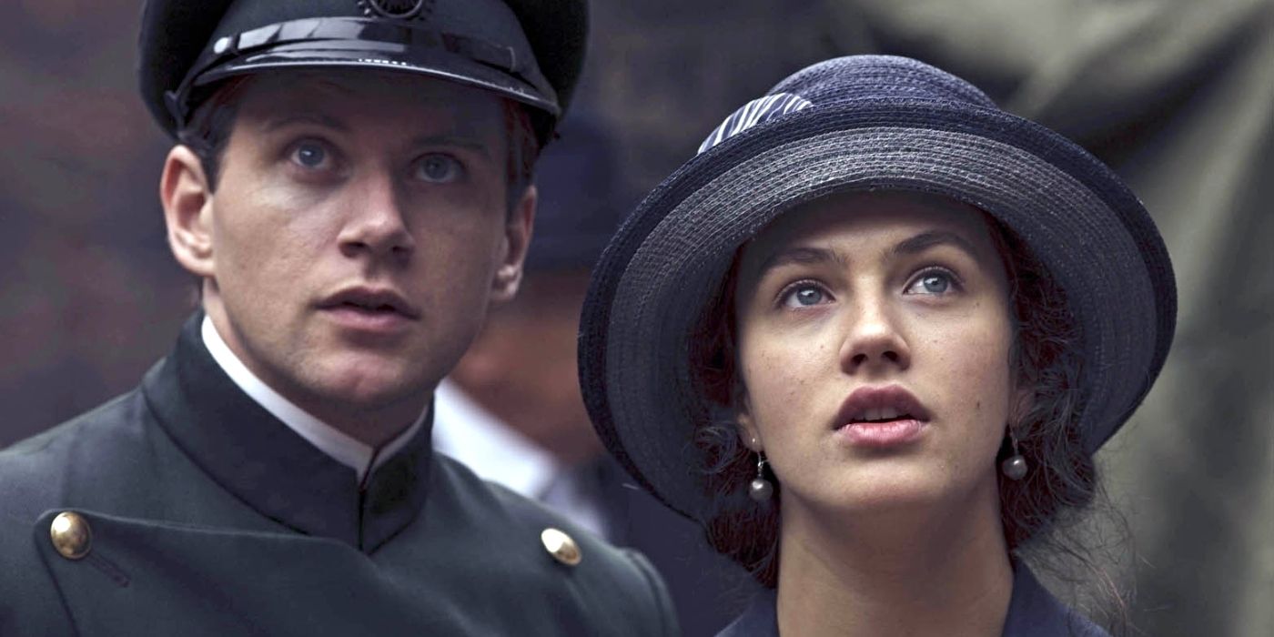 Sybil (Jessica Brown-Findlay) and Tom Branson (Allen Leech) looking at something offscreen on Downton Abbey