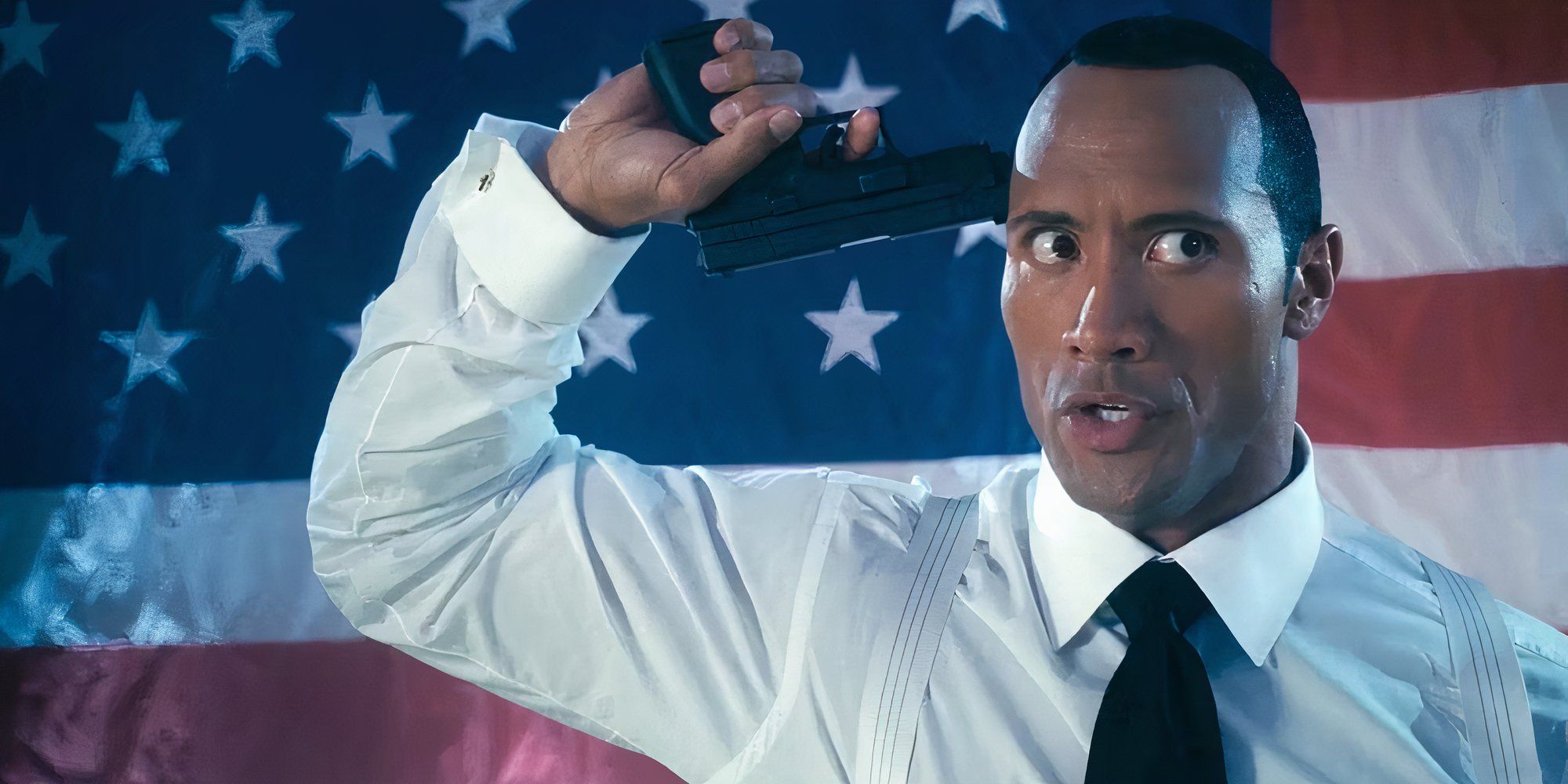 Boxer Santaros in Southland Tales pointing a gun at his own head