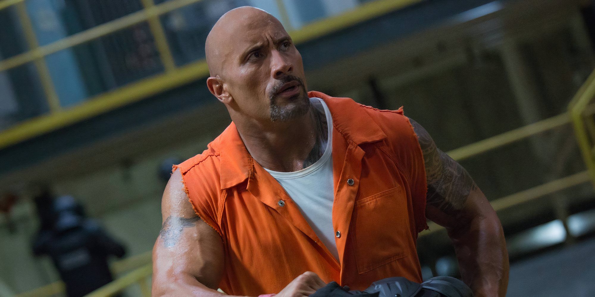 Dwayne Johnson in The Fate of the Furious looking confused.