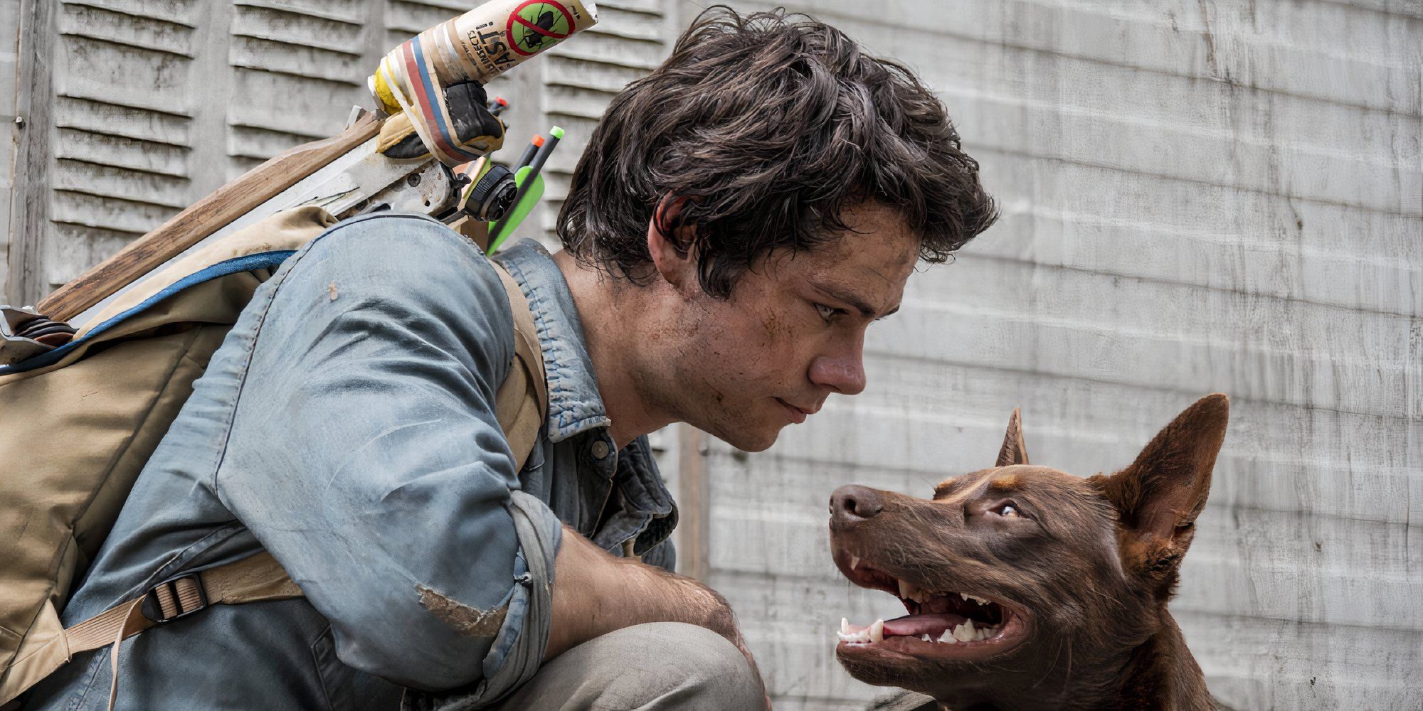 Dylan O&rsquo;Brien as Joel in Love and Monsters looking at his dog
