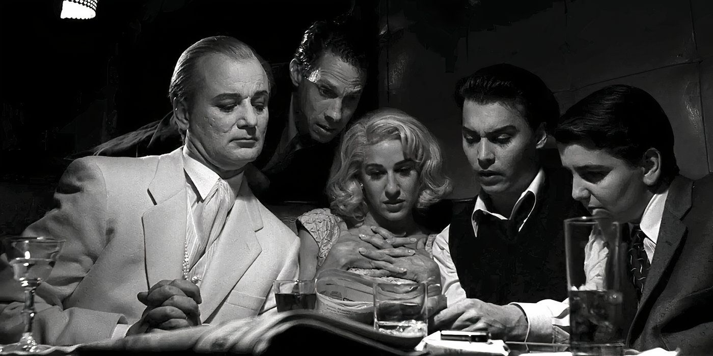 Ed Wood (Johnny Depp) and his cast of actors read the reviews in &lsquo;Ed Wood&rsquo;