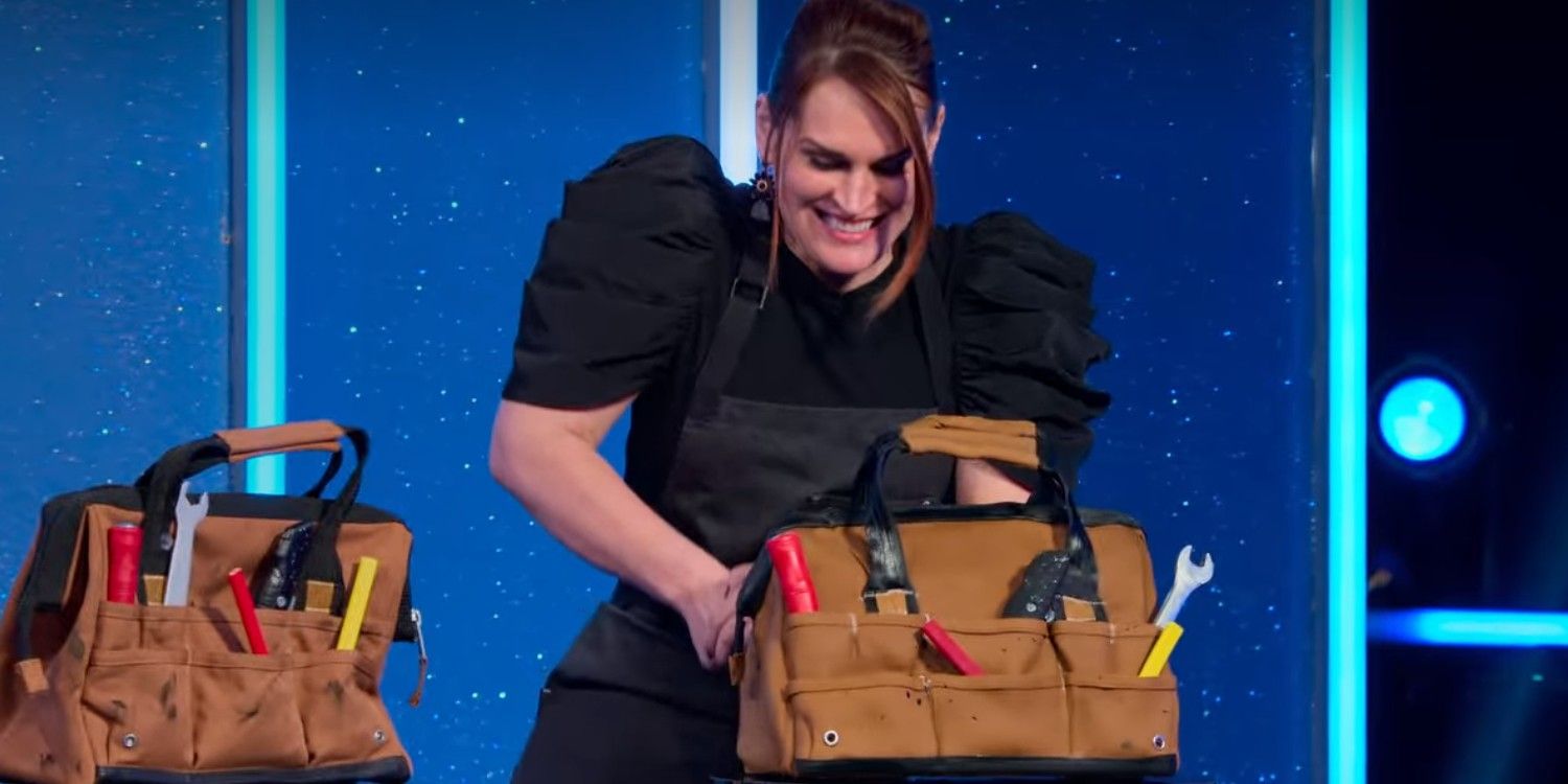 Elizabeth Rowe excitedly cuts her tool bag cake on Netflix's Is It Cake