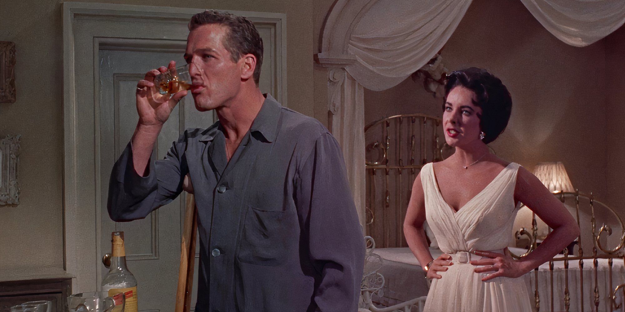 Elizabeth Taylor as Maggie watches Paul Newman as Brick drinking in Cat on a Hot Tin Roof