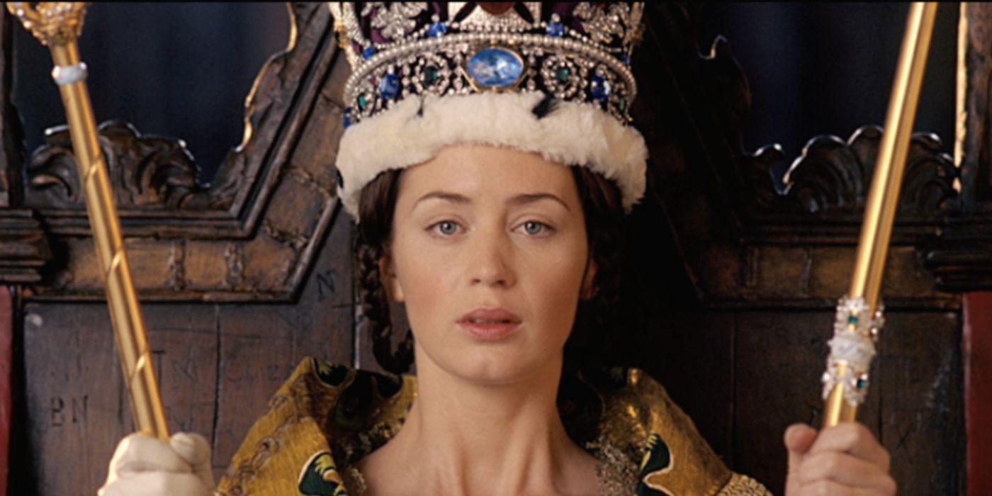 Emily Blunt wearing a crown and holding two pawns in close up shot of &lsquo;The Young Victoria&rsquo;