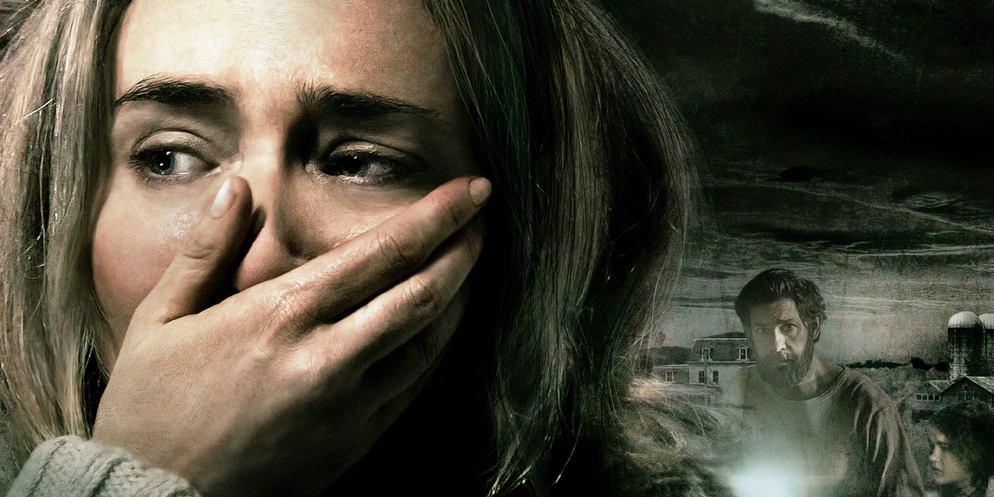 Emily Blunt with her hand over her mouth in the A Quiet Place poster