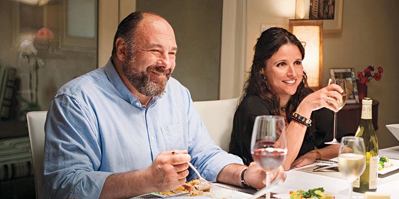 James Gandolfini and Julia Louis-Dreyfuss as Albert and Eva, sitting at a table, drinking wine, and smiling