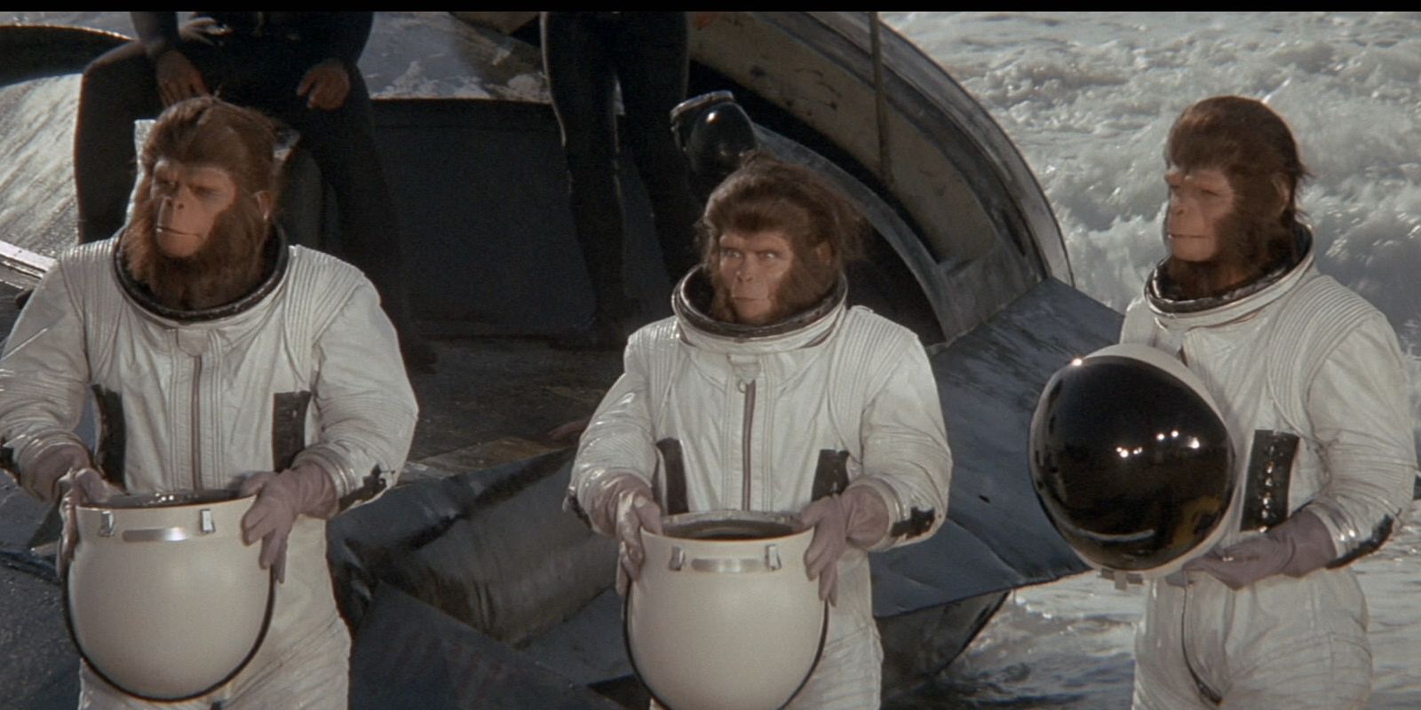 Zira, Cornelius, and Milo land in contemporary America, wearing astronaut suits
