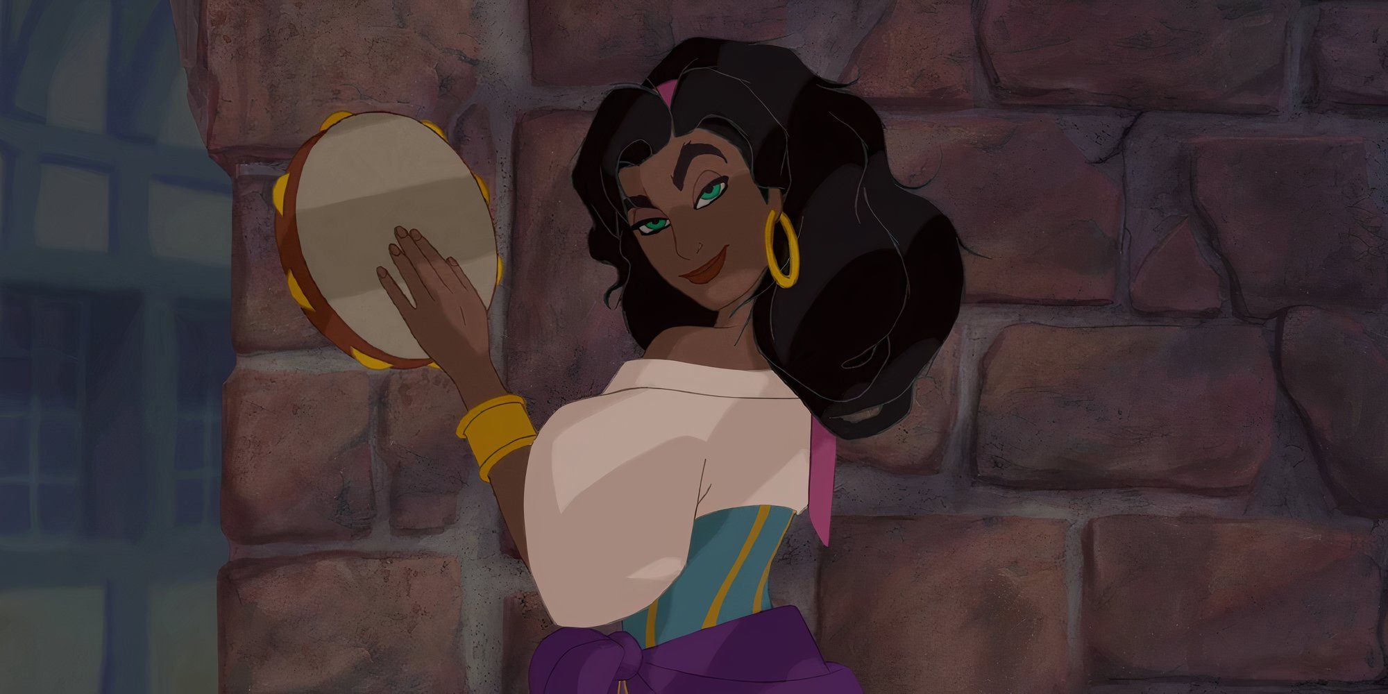 Esmeralda looks back and smirks while playing the tambourine in The Hunchback of Notre Dame