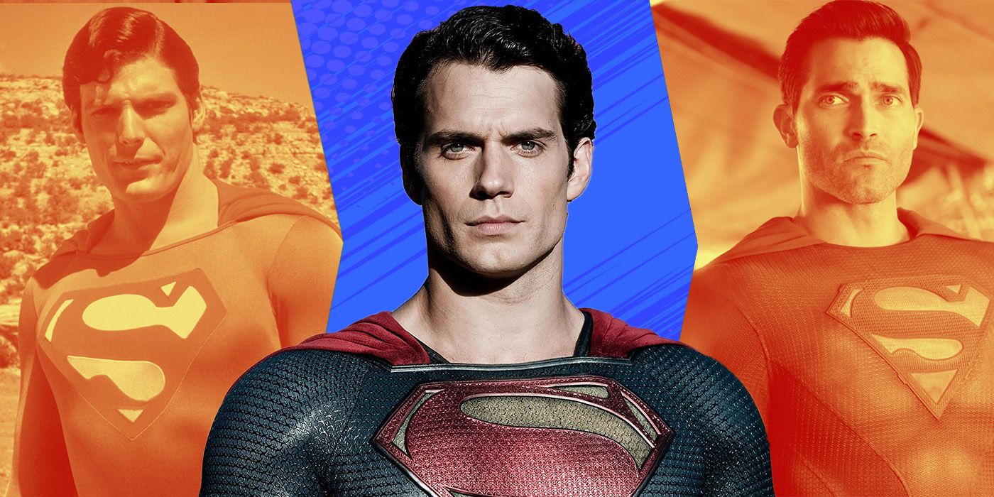 Blended image showing Christopher Reeve, Henry Cavill, and Tyler Hoechlin as Superman.