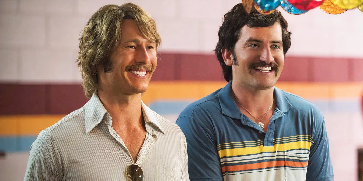 Glen Powell and Forest Vickery with mustaches in polo shirts in Everybody Wants Some!!