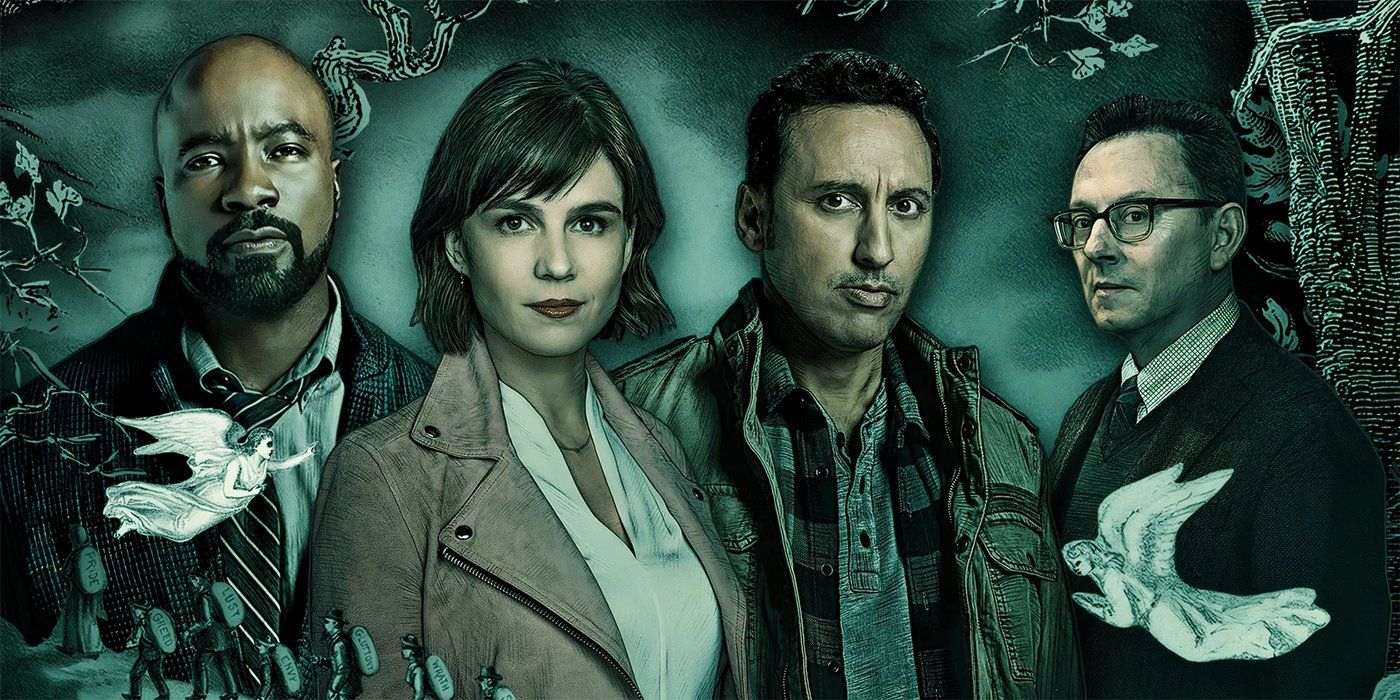 Mike Coulter, Katja Herbers, Aasif Mandvi, and Michael Emerson in the Evil tv show poster