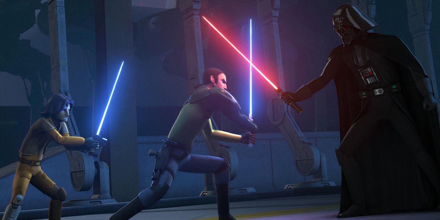 Ezra and Kanan fighting Darth Vader in Star Wars: Rebels