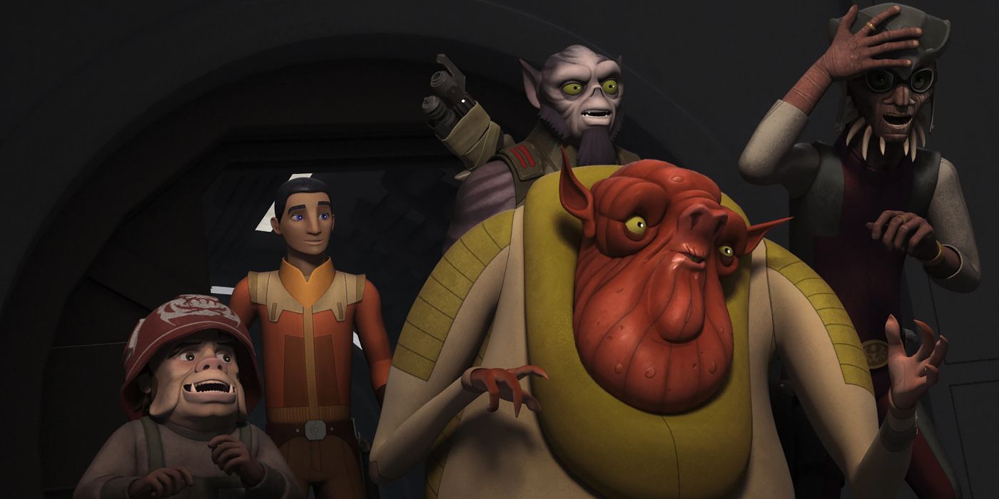 Ezra, Zeb, Hondo, Azmorigan, and Melch in a hallway in Star Wars Rebels