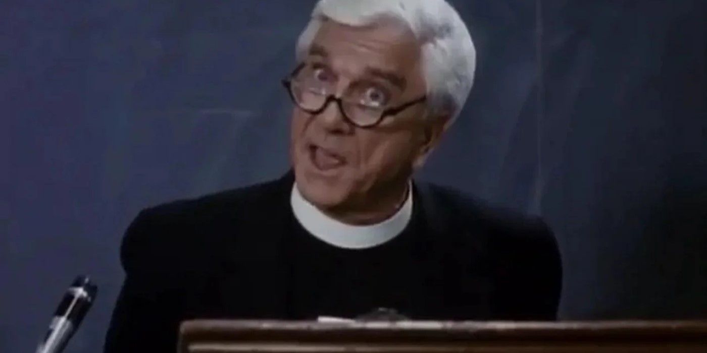 Father Jedediah Mayii (Leslie Nielsen) speaks from behind a stand in 'Repossessed'