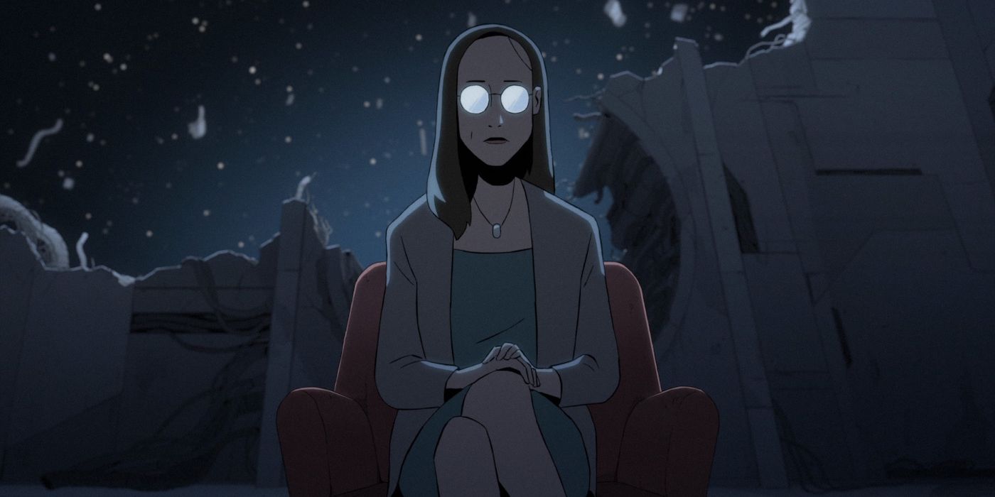 Fiona sits on wreckage of a spacecraft with glowing glasses obscuring her eyes in Scavengers Reign. 