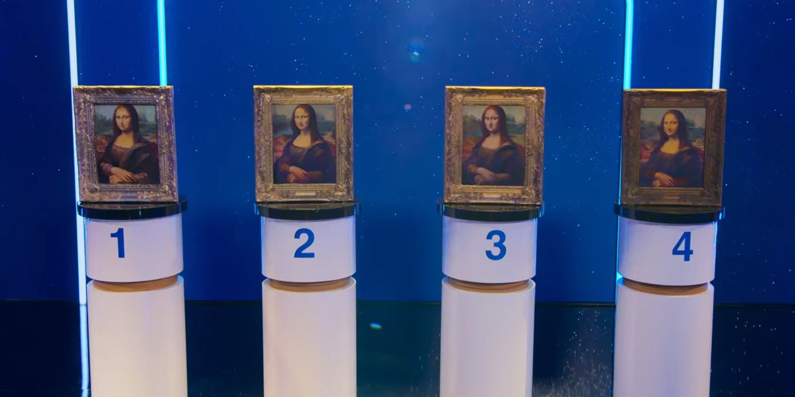 four Mona Lisa paintings, one made of cake, sit on podiums marked 1-4 on Netflix's Is It Cake