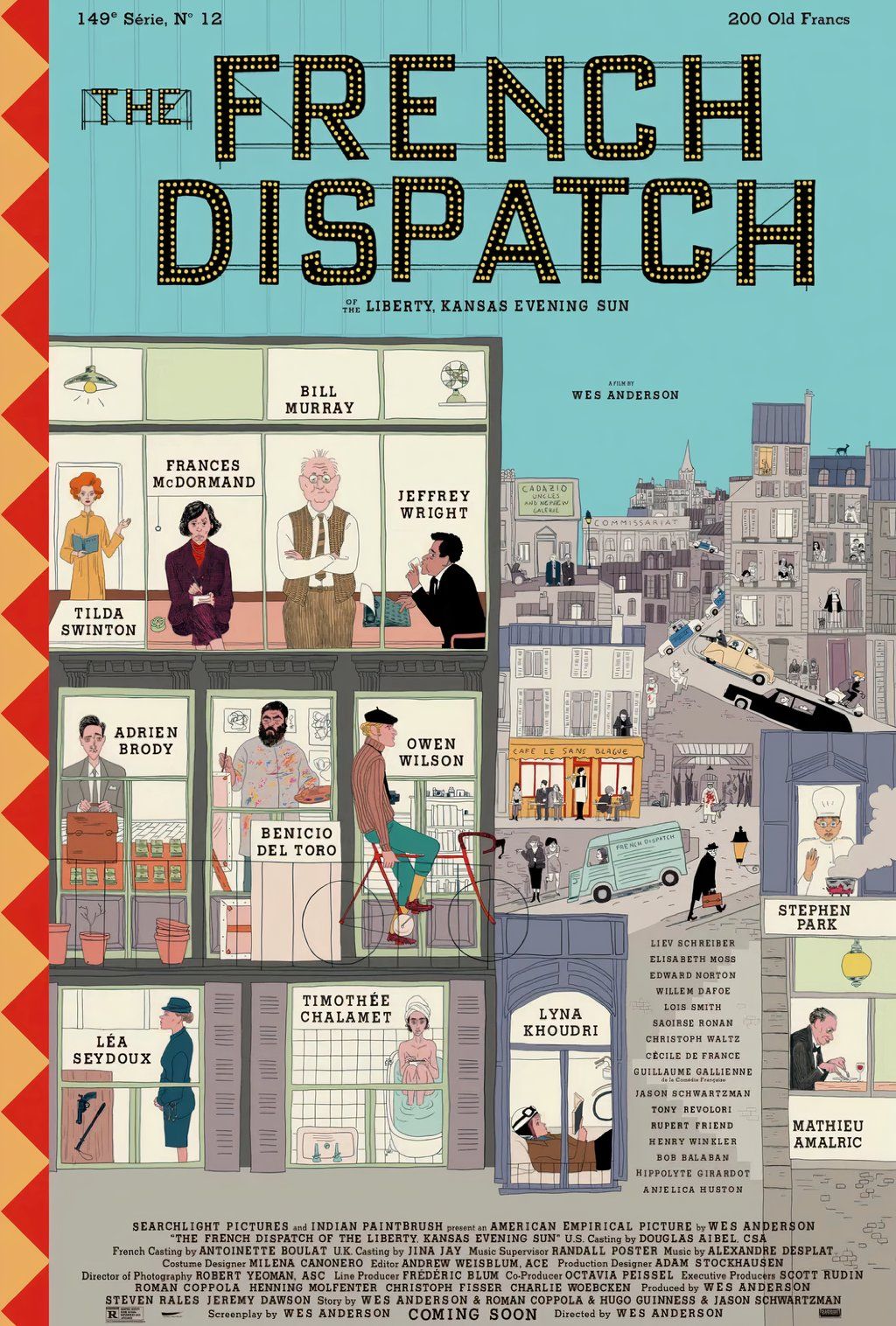 The poster for The French Dispatch featuring cartoonish versions of the main characters.