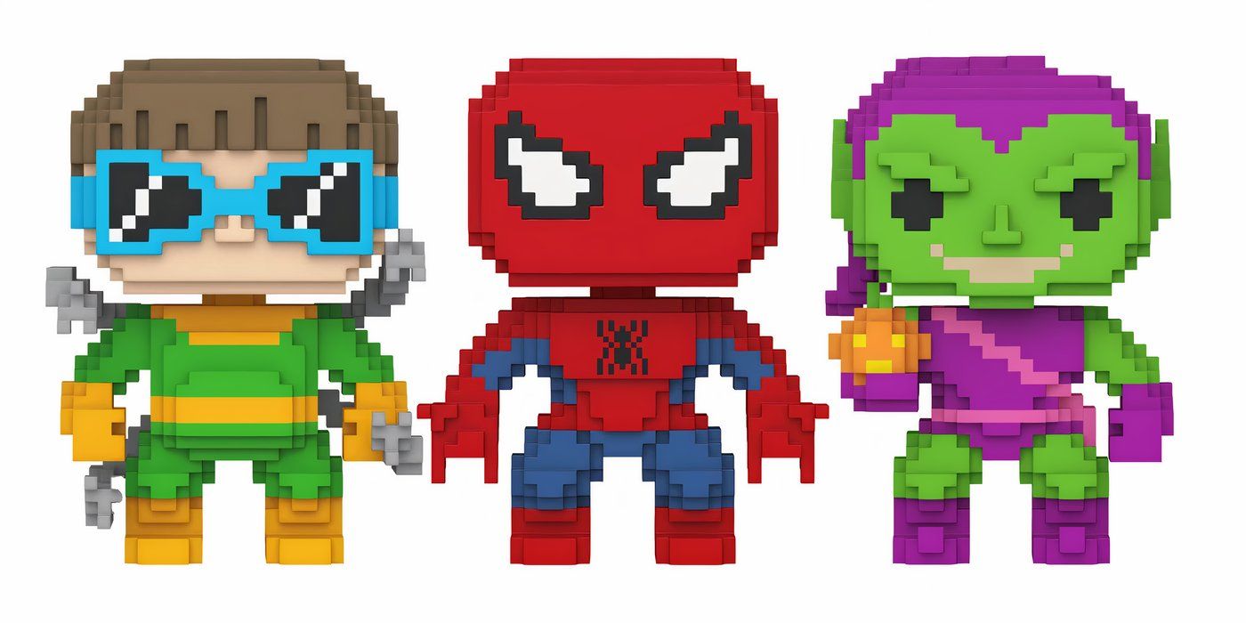 8-bit style Funko Pops! of Doc Oc, Spider-man, and Green Goblin