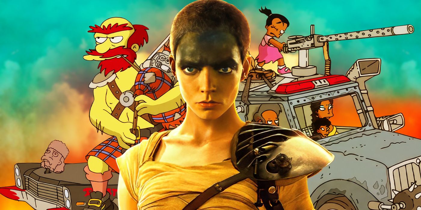 Anya Taylor-Joy as Furiosa with the Simpsons Mad Max parody in the background