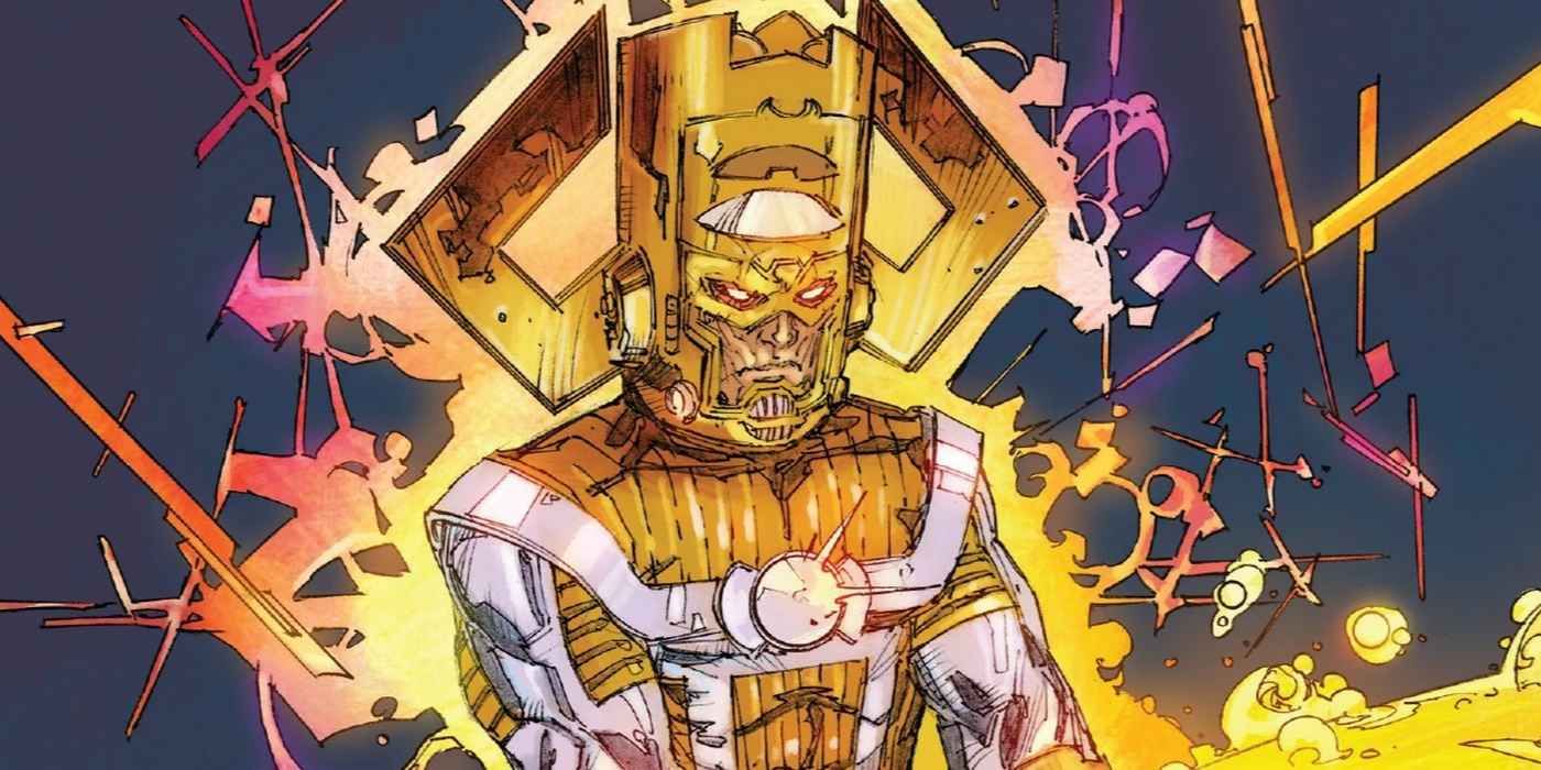 Galactus in his shining gold Lifebringer form in artwork from Marvel Comics