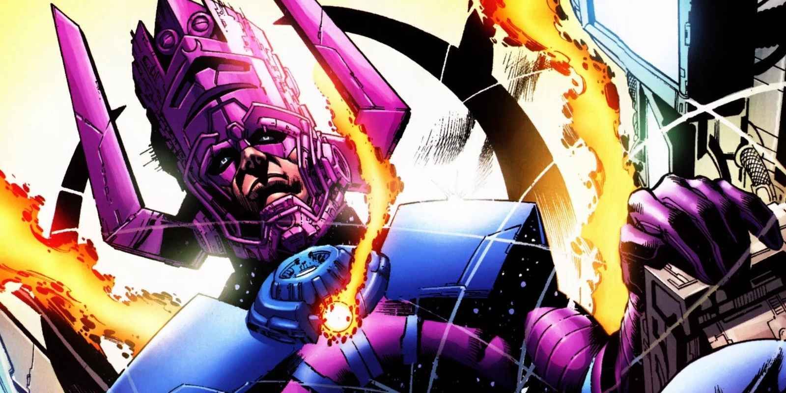 Galactus en su apariencia clásica con llamas saliendo de él en la obra de arte de Marvel Comics.