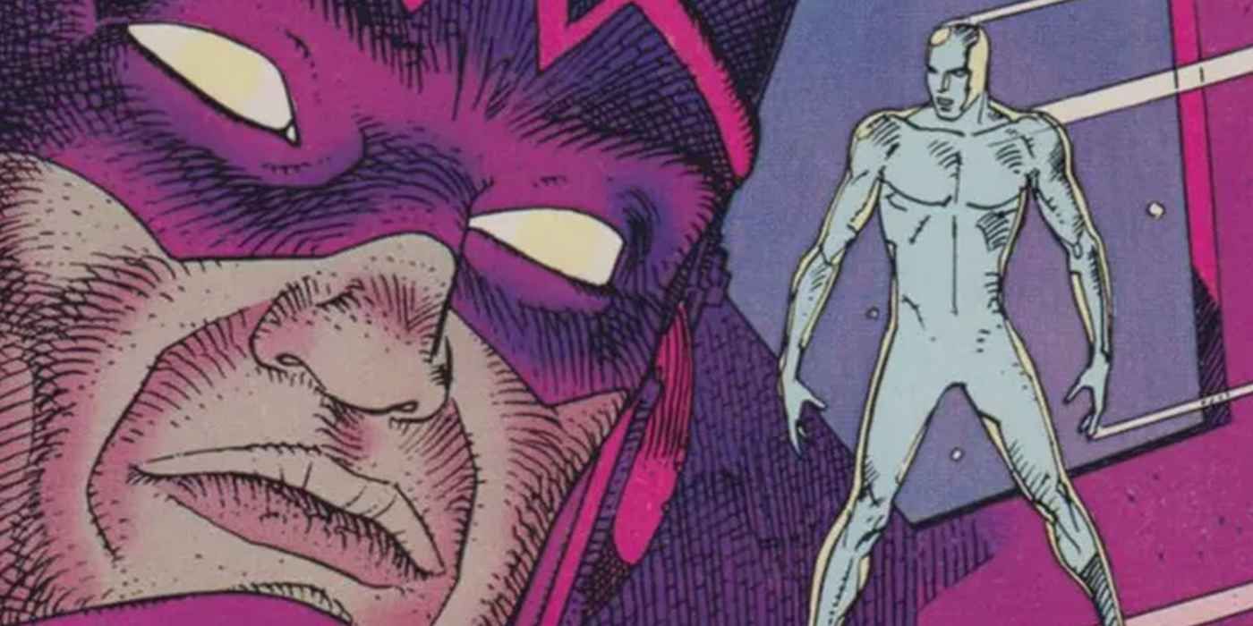 Galactus looks upon the Silver Surfer, who is smaller than Galactus' head, in artwork from Marvel Comics
