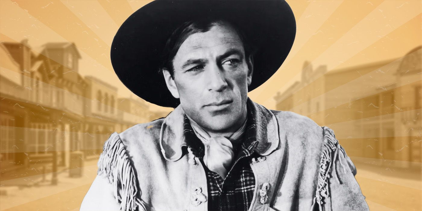 Gary Cooper as Cole Harden in The Westerner against a western-themed background