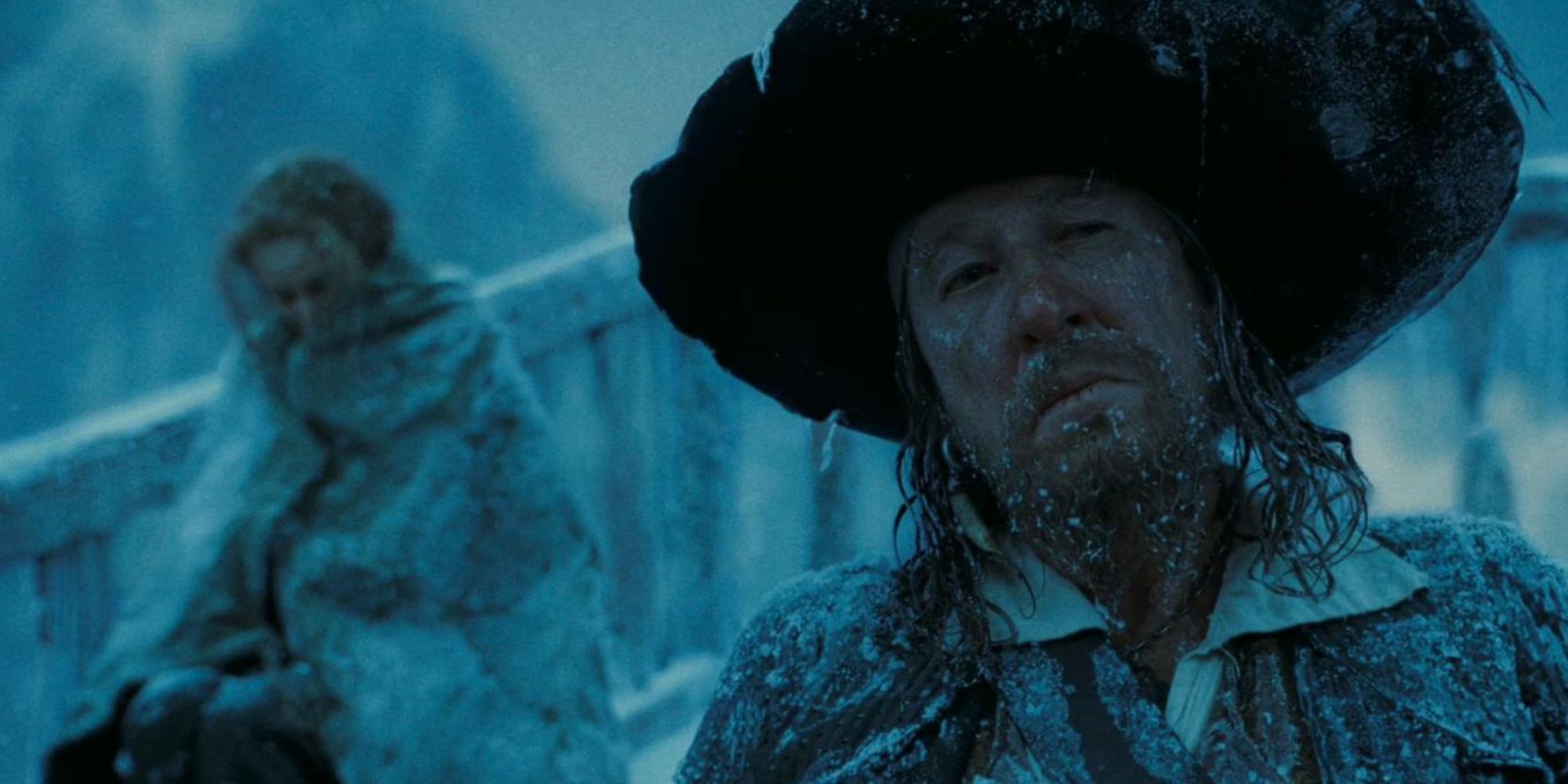 Captain Barbossa, with frost all over him, in Pirates of the Caribbean At World's End