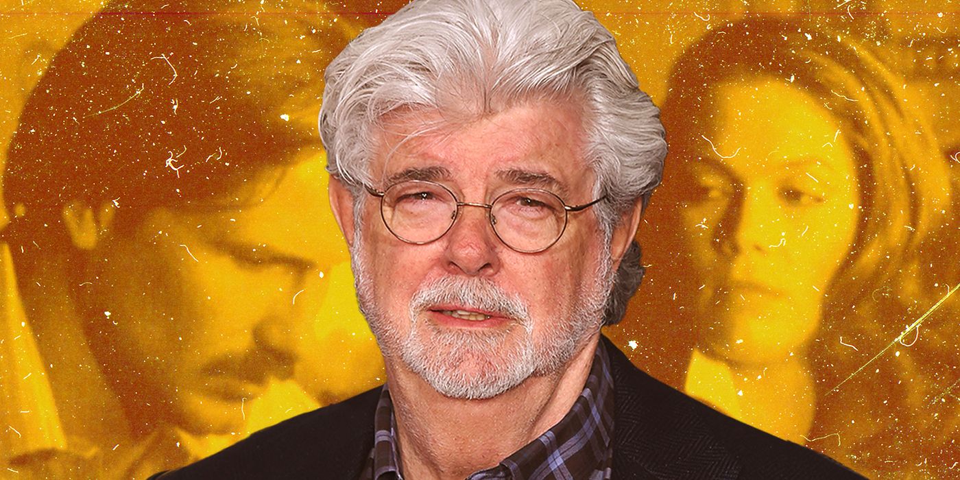 A custom image of George Lucas in front of a still from Body Heat 