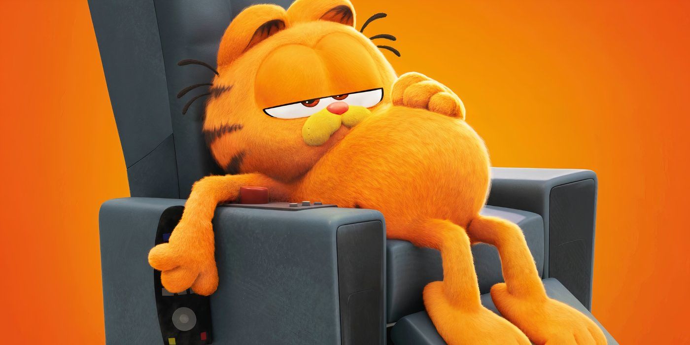 Garfield sitting on a recliner, with his orange belly sticking out.