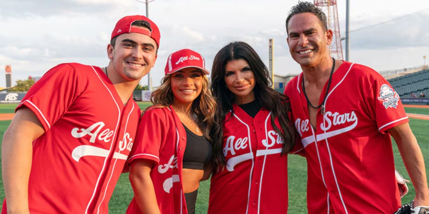 Gia Giudice, Teresa Giudice, and Luis Ruelas, taking a photo at a softball game, in The Real Housewives of New Jersey Season 14