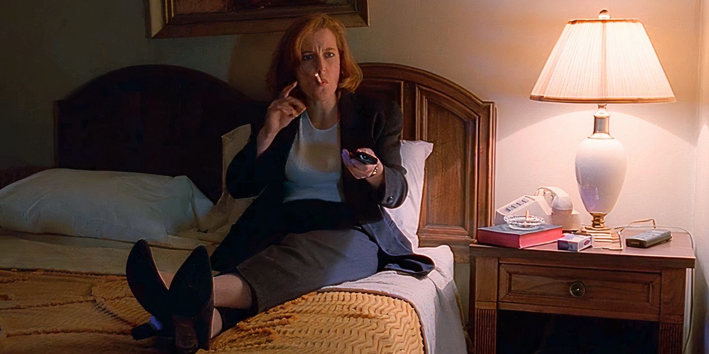 Gillian Anderson takes up smoking in hotel bed from the episode Syzygy in The X-Files