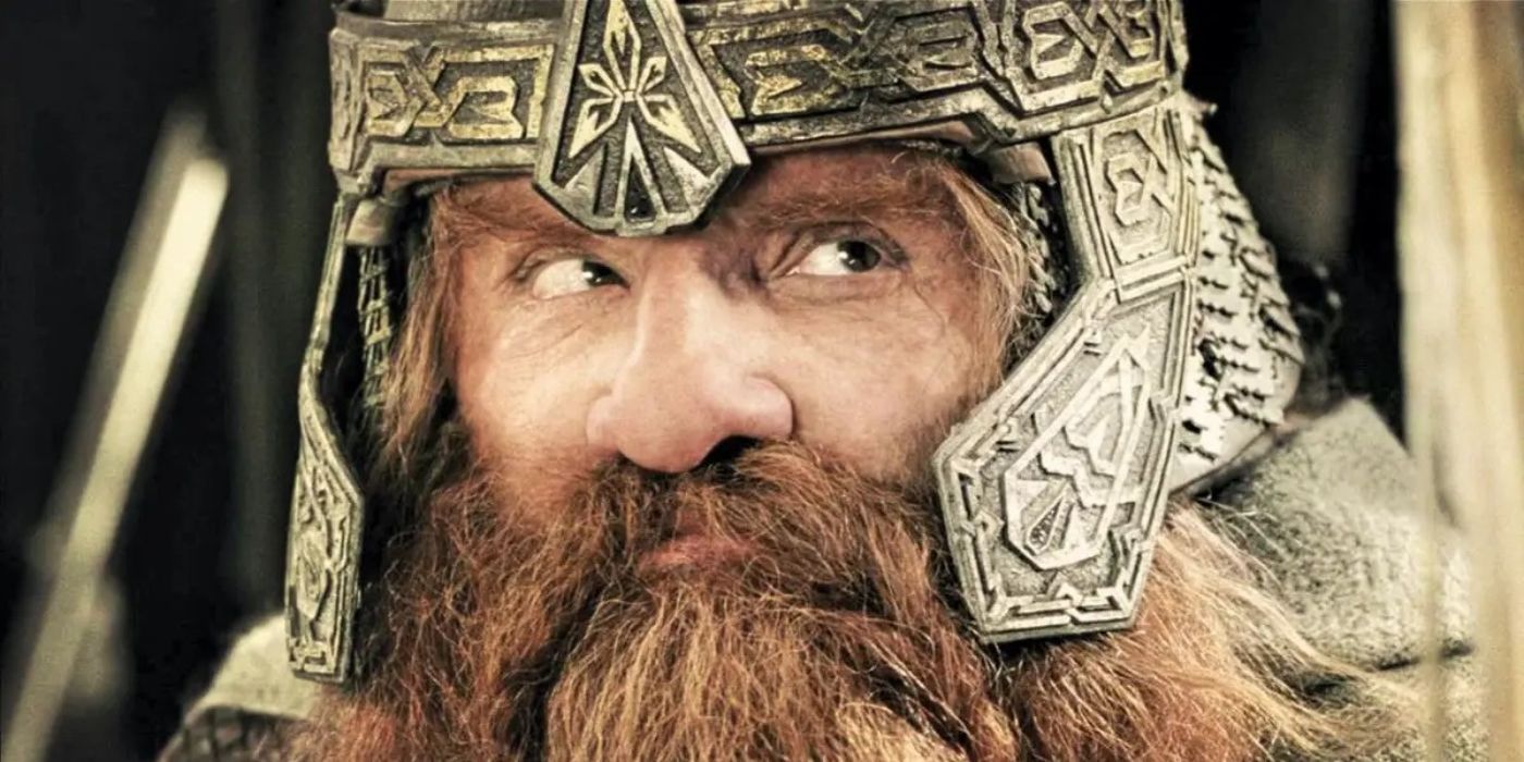 Gimli looking up at someone in The Lord of the Rings