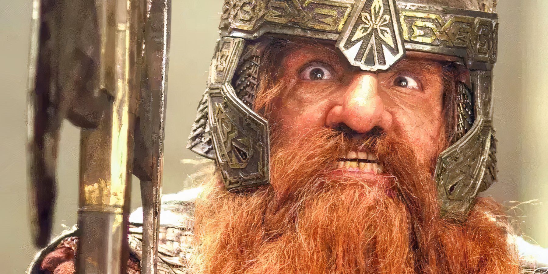 John Rhys-Davies as Gimli the dwarf bares his teeth in rage in The Lord of the Rings: The Two Towers.