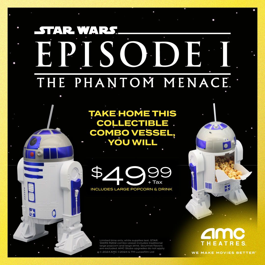 AMC's R2-D2 popcorn bucket with pricing for $49.99