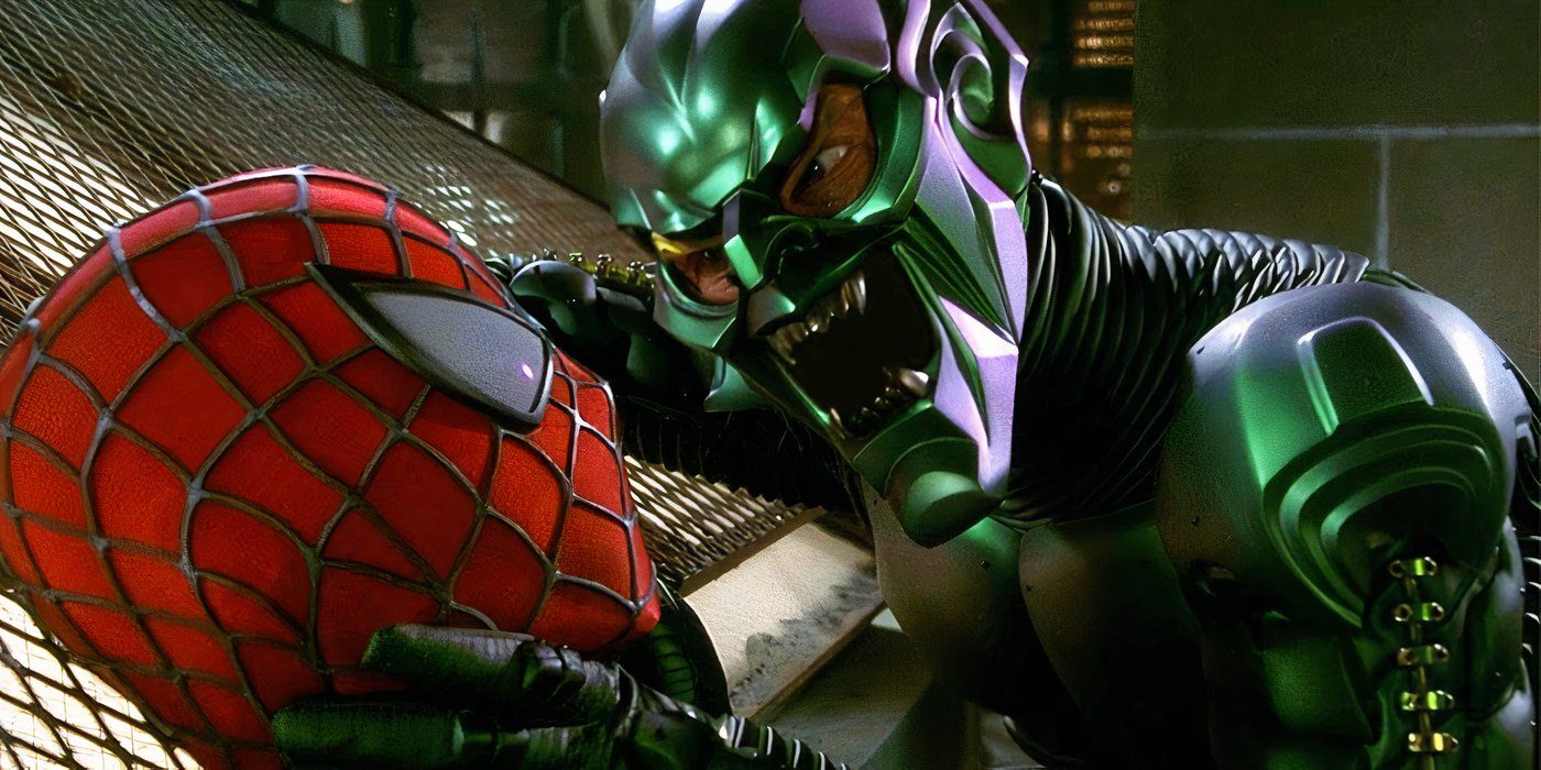 Green Goblin holding Spider-Man by the head in Spider-Man 2002